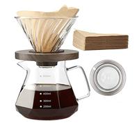 Lalord Caffettiera Pour Over, Caraffa in Vetro Borosilicato da 600 ml con 02 Carta Filtro, 100 pcs, Manico in Noce e Coperchio per Caffettiera