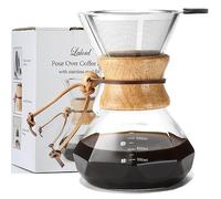 Lalord Caffettiera Pour Over con Filtro Riutilizzabile in Acciaio Inossidabile, Caraffa da Caffè in Vetro Borosilicato, Collare in Legno, Gocciolatore per Caffè, Capacità 3 Tazze, 600 ml.