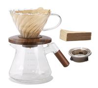 Lalord Caffettiera Pour Over in Vetro Borosilicato da 600 ml, con Filtro di Carta 02 da 100 Pezzi, Collare in Noce e Coperchio in Vetro, Caffettiera a Goccia, 1-3 Tazze, Trasparente