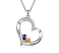 Lam Hub Fong Collana Cuore Personalizzato con Ciondolo D'argento Incisione 1-6 Nomi Simulated Birthstone Collana Madre Figlia Signore Gioielli Regalo per la Festa Della Mamma San Valentino (2 Nomi)