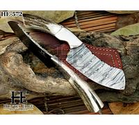 Lama damascata fatta a mano HUNTEX, manico corna di cervo, mini coltello da c...