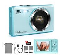 LAMA - Fotocamera digitale 1080p FHD 44 MP per bambini, scheda SD da 32 GB, zoom digitale 16x, fotocamera compatta con 2 batterie, schermo LCD da 2,4 pollici, mini fotocamera per bambini, ragazzi,