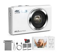 LAMA Fotocamera digitale 1080P FHD 44MP per bambini, Vlogging con scheda SD da 32 GB, zoom 16x, 2 batterie, schermo LCD da 2,4", per ragazzi, ragazze, adolescenti, bianco