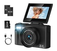LAMA Fotocamera digitale 4K 64MP mini con schermo pieghevole 180°, zoom compatt, per principianti, bambini, adolescenti (nero)