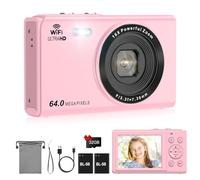 LAMA - Fotocamera digitale, 4K FHD 64 MP, con scheda SD da 32 GB, zoom digitale 16x, fotocamera compatta con 2 batterie, schermo LCD da 2,8", mini fotocamera per bambini, ragazzi, ragazze,