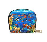 LAMAME Carino Carlino Stampato Pelle Shell Card Bag Porta Carte di Credito Zip Card Holder Portafoglio, Oceano Pesce tropicale Corallo Mondo sottomar, Taglia unica