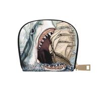 LAMAME Cartone animato Shark Mangiare Nave in Oceano Mare Stampato Custodia in Pelle Porta Carte di Credito Mezzo Round, Squalo del fumetto che mangia la nave nel mare, Taglia unica