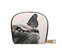 LAMAME Porta carte di credito con cerniera, in pelle stampata, motivo: luna, stelle e pianeti, Gatto farfalla., Taglia unica