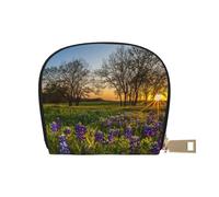 LAMAME Porta carte di credito con cerniera, in pelle stampata, motivo: luna, stelle e pianeti, Prato di lavanda al tramonto primavera, Taglia unica