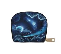 LAMAME Porta carte di credito con cerniera, in pelle stampata, motivo: luna, stelle e pianeti, Stelle lunari e pianeti, Taglia unica