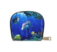 LAMAME Porta carte di credito in pelle stampata a forma di farfalla colorata, organizer semicircolare, 3d Underwater World Pesce Dolphi, Taglia unica