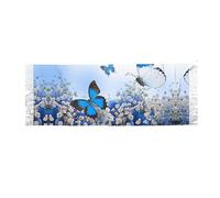 LAMAME Sciarpa lunga con frange in cashmere stampata con fiori colorati e farfalle, sciarpa calda e morbida, Farfalla blu., Taglia unica