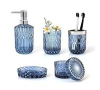 LaMarriti Set di 5 accessori da bagno in vetro blu - dispenser per lozione, portasapone, bicchiere, cotton fioc, portaspazzolino, decorazione moderna per il bagno e set regalo