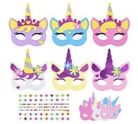 LAMEK 6 Pezzi Maschere Unicorno Kit Maschere Bambini Unicorno Maschere Bambini Maschere Unicorno Kit con Strass Autollocant per Feste Compleanno Bambini Artigianato Carnevale Halloween