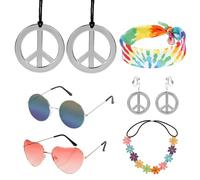 LAMEK 7 Pezzi Set di accessori hippie Accessori Hippie Accessori anni '60 '70 Accessori per costumi da discoteca vintage (inclusi occhiali, collana, fascia, orecchini) Festa di Carnevale Halloween