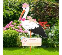 LAMEK cicogna nascita per esterni, cicogna a sonagli per nascita, benvenuto a casa, targa rosa, cicogna di nascita, double face, con asta di legno, nome, biglietto di auguri per bambini, per la