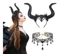 LAMEK Fascia corno di demone corna diavolo nero serra testa corno di diavolo nero con chocker pizzo per malefico accessorio gotico decorazione Halloween Cosplay donna ragazza carnevale