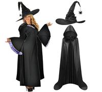 LAMEK Mantello da strega con cappuccio, lunghezza 110 cm, costume da strega nero, costume da strega, mantello mistico con cappuccio, per uomo e donna, Halloween, cosplay, carnevale