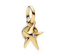 LaMenars Colgantes de Abalorios Gold Starfish Double Split Dangle Charms Originales Plata de Ley 925 con Circonita Cúbica para Europeo Pulseras Brazaletes Collares para Mujer