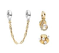 LaMenars Colgantes de Abalorios Safety Chain Golden Pearl Charms Originales Plata de Ley 925 con Circonita Cúbica para Europeo Pulseras Brazaletes Collares para Mujer Temporada de graduaciones