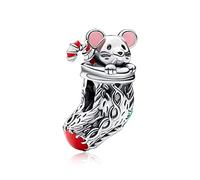 LaMenars Festive Mouse & Stocking Charm for 925 Argento Sterling Bracciale Delle Donne Collana Pendente Natale San Valentino Festa della Mamma Ragazza Regalo