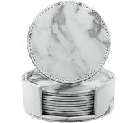 LAMOTI, Set di 6 sottobicchieri in pelle per bevande, 10,2 cm, con supporto, per protezione da tavolo, lussuosi, realizzati a mano, decorazione per la casa e regalo di inaugurazione della casa (bianco