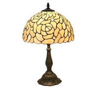 Lamp 19" Tall Stained Glass Table Lamp Cream Rose Desk Light Vintage Antique Beige Flowers Night Stand Light Bedside Reading Lighting DecoratLiving Room Bedroom Study,Resin Base