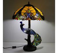 Lamp,Green Stained Glass Liaison Table Reading Lamp Living Room Lamp,Vintage Desk Light with Colored Glass Shade,Blue Lighted Base for Bedroom Bedside Office,16X28in