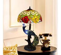 Lamp Red Yellow Rose Stained Glass Lamps Bedroom Bedside Table Lamp for Dorm Office Art Craft Antique Decor Accent Aesthetic Nightstand Retro Metal Reading Lamps 16 inch,Beige