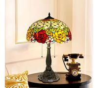 Lamp Red Yellow Rose Style Stained Glass Lamps Amber Bedroom Bedside Table Lamp for Dorm Office Art Craft Antique Decor Accent Aesthetic Nightstand Retro Metal Reading Lamps 16",Beige