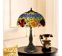 Lamp Red Yellow Rose Style Stained Glass Lamps Amber Bedroom Bedside Table Lamp for Dorm Office Art Craft Antique Decor Accent Aesthetic Nightstand Retro Metal Reading Lamps 16",Blue