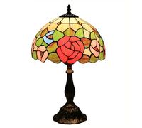 Lamp, Stained Glass Table Lamp, Bedroom Bedside Lamp, Handmade Antique Home Office Desk Lamp, Living Room Table Light, Red Pink Blue Rose Pattern, Height 19" Width 12",Alloy Base