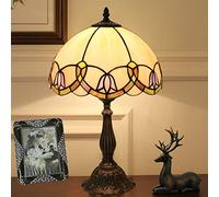 Lamp Yellow Stained Glass lampshade Tulip Flower Table Lamp Antique Desk Reading Light Decor Bedroom Living Room Home Office,Alloy Base,12X12X19 inch