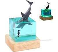 Lampada 3D in Resina Epossidica, Luce Notturna A LED A Forma di Balena, Lampada A Cubo con Subacqueo E Squalo, Scultura Realistica di Animali Oceanici, Modello di Balena con Base in Legno