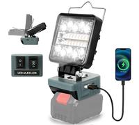 Lampada a Batteria per da 18V, 18W 1800LM, Lampada da Lavoro a LED, Girevole a 140°, con 6 Modalità di Luminosità, USB A & Type-C 2 Porte di Ricarica, per Riparazione Auto, Cantiere