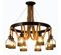 Lampada a lampadario per interni, lampada a ruota per carrello di grandi dimensioni da 35,4 pollici di diametro, fattoria con corde di canapa, gabbia metallica nera 8 luci, lampade a sospensione