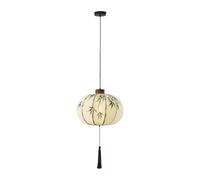 Lampada a Sospensiin Tessuto Stile Cinese, E26/E27, Lanterna in Bambù Dipinta a Mano, Paralume Rotondo Zen, Struttura in Legno, Regolabile, Serena Decoraziartistica Orientale per Sala da Pranzo, Sala