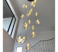 Lampada a sospensione a 3 luci in cristallo per scale - Lampada a sospensione lunga con accenti ambrati, design moderno per soffitti alti