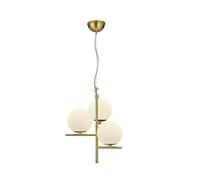 Lampada a sospensione a LED in ottone opaco con sfera in vetro opalino, 3 attacchi E14, illuminazione interna esclusiva