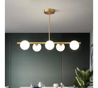 Lampada a Sospensione a LED, lampadari, Kit di apparecchi a 5 luci Lampadario lineare in Ottone a Globo Lampada da Pranzo a Globo in Vetro Bianco e Oro