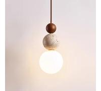 Lampada a sospensione a LED, lampadario, lampada da soffitto a globo, lampada a sospensione in legno, pietra naturale, piccola con sfera in vetro bianco per sala da pranzo, isola d