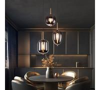 Lampada a sospensione a 3 luci BLACKY in vetro fumo, lampada a sfera con baldacchino in ottone da 46 cm