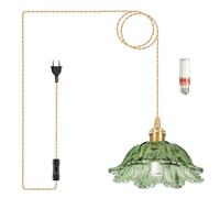 Lampada a Sospensione con Spina Vintage Vetro Verde lampadario a sospensione 3 Temperatura Colore Lampada a Sospensione con Cavo da 400 cm e Interruttore, Portalampada E27,Paralume a Forma di Fiori
