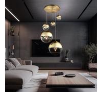 Lampada a Sospensione da Soggiorno Sfera di Vetro Oro 5 Fiamma LED H 150 CM [EEK: F]