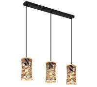 Lampada a sospensione in bambù nero, lampada a sospensione a 3 luci, lampada da sala da pranzo in intreccio di bambù marrone, metallo, 3 portalampade E27, LxPxA 72x12x150 cm