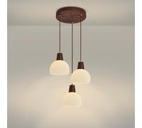 Lampada a Sospensione in Legno e Vetro opalino di metà secolo, Lampada a Sospensione Antica Rustica, lampadario Rotondo da Fattoria a 3 luci per Sala da Pranzo, Isola della Cucina, Scala (Cupola