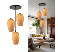 Lampada a sospensione in rattan a 3 luci, E27, realizzata a mano, in bambù, per sala da pranzo e soggiorno, elegante illuminazione decorativa per la casa