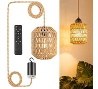 Lampada a sospensione in rattan, Lampada a batteria con telecomando, Paralume Boho Portatile Luce Pendente, Lampada a Sospensione Esterna, Luci A Sospensione a Batteria per Terrazza, Bar, Giardino