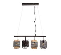 Lampada a sospensione in rattan per sala da pranzo, gabbia, lampada a sospensione nera, rete in legno, 4 lampadine, attacchi E27, LxLxA 74x15x150 cm