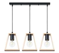 Lampada a sospensione LED con cavo - lampada da soffitto con portalampade in metallo nero per 3 lampade e paralume beige in legno